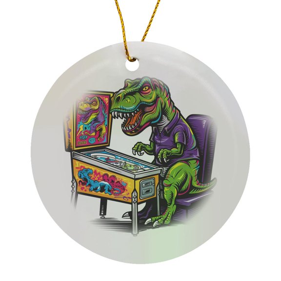 3drose, Funny Cool T-rex Dinosaur Playing Pinball Machine Game Graffiti Art, Circle Porcelain Ornament