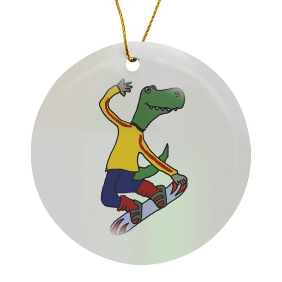 3drose, Funny Cool T-rex Dinosaur Snowboarding Cartoon, Circle Porcelain Ornament