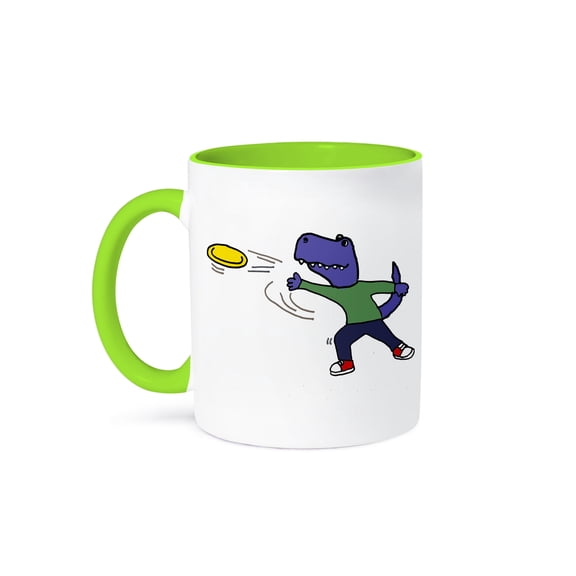 3drose, Funny Cool T-rex Dinosaur Throwing Frisbee Cartoon, 15oz Two-tone Green Mug