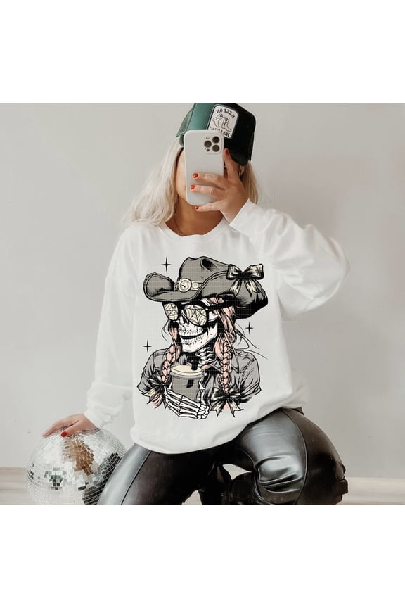Funny Coquette Halloween Sweatshirt– Witchy Skeleton Tee with Goth Aesthetic – Spooky Season Social Club Style for Fall and Western Vibes
