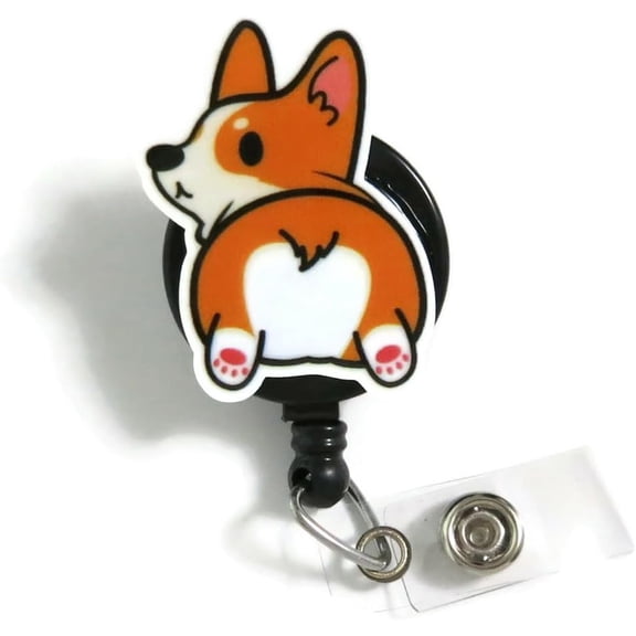 Funny Corgi Badge Reel, Cute Welsh Corgi Puppy ID Badge Clip, Vet Tech Veterinarian Dog Name Tag