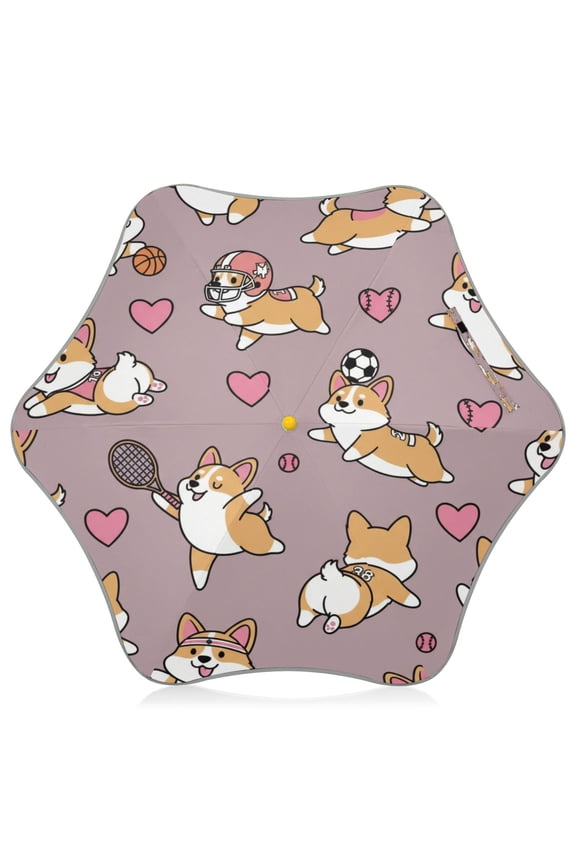 Funny Corgi Dog Kids Umbrella Rain Umbrella Clear Grip Handle Folding Umbrellas UV50+ 35in