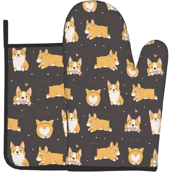 Funny Corgi Dog Oven Mitts Pot Holders Set of 2, Kitchen Heat Resistant Hot Pads for Women Men Cooking BBQ Baking