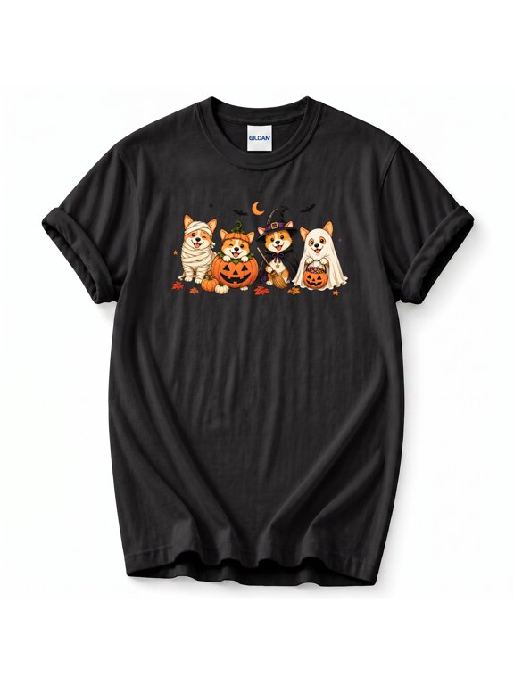 Funny Corgis in Halloween Costumes T-Shirt – Corgi Lover Halloween Theme – Unisex Festive Wear
