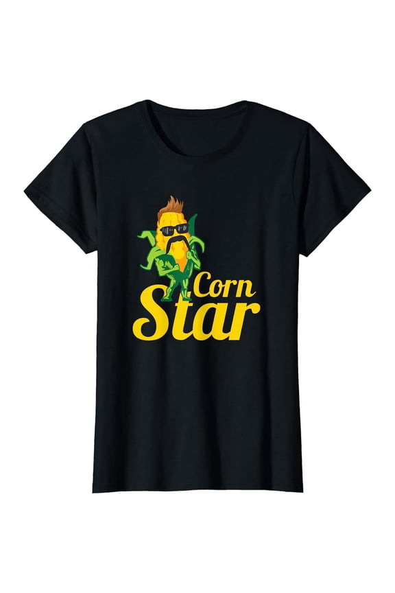 Funny Corn Star Sunglasses Mustache Maize Men Women Short Sleeve T-Shirt Black Casual Tee