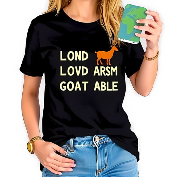 Funny Cotton Short Sleeve T-Shirt with Playful Goat Design - " LOND LOVD ARSM GOAT ABLE " - Casual Wear for Everyday Style