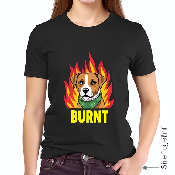 Funny Cotton Short Sleeve T-Shirt with Vibrant Flame Graphic and 'BURNT' Text - Casual Wear for a Playful Look