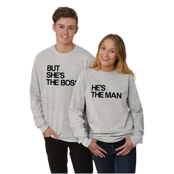 Funny Couples Set She's the Boss Men's Big & Tall Long Sleeve Graphic Tee Brisco Brands 3X