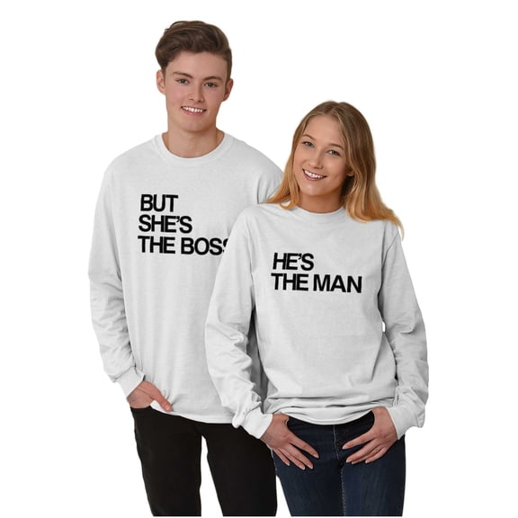 Funny Couples Set She's the Boss Women's Long Sleeve T Shirt Brisco Brands S
