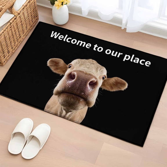 Funny Cow 2'x3' Washable Rug, Welcome To OUR Place Modern Retro Non-Slip Soft Doormat Area Rugs for Entrance Bathroom Bedsides, StainResistant Carpet for Kitchen Bedroom, Entryway Floor Mat
