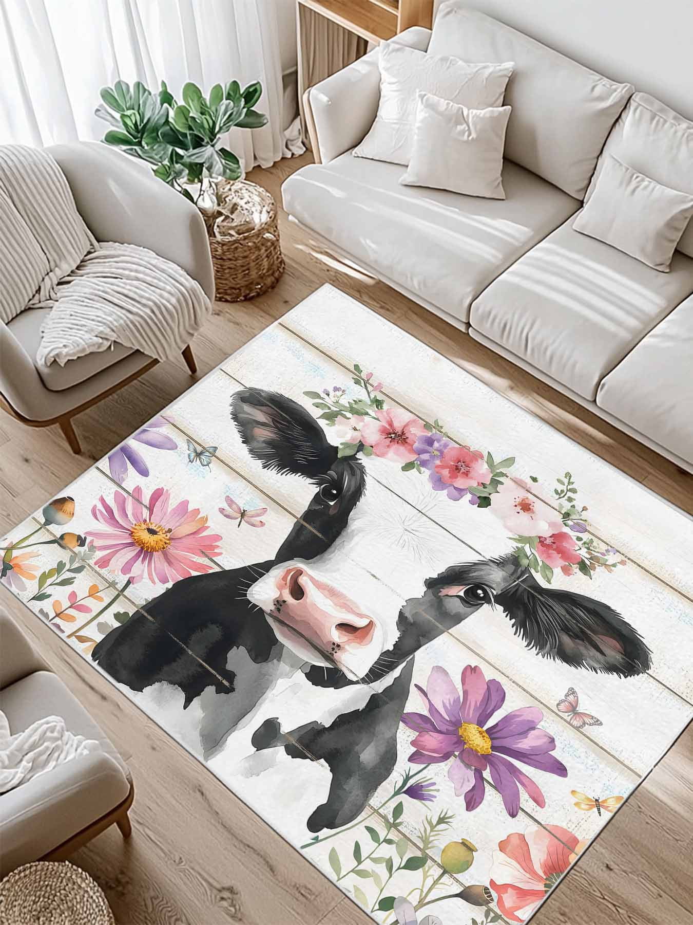 Funny Cow Area Rug for Bedroom 3x5 Ft Rustic Farmhouse Animal Flowers ...