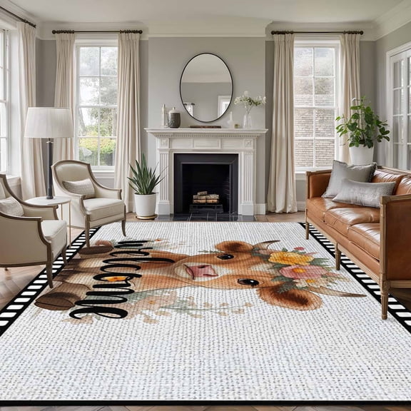 Funny Cow Area Rugs 6'x9', Small Throw Rugs for Kitchen Dining room, Cute Animal Flowers Wreath Welcome Text Black Gray Indoor Outdoor Rug Non-Slip Low Pile Carpet Runner Reversible Floor Mats