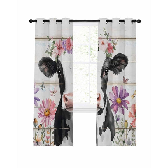 Funny Cow Blackout Curtains for Bedroom Living Room, Rustic Farmhouse Animal Flowers White Wood Grain 63 In Long Thermal Insulated Room Darkening Drapes Grommet Window Treatments, 42 x 63 In