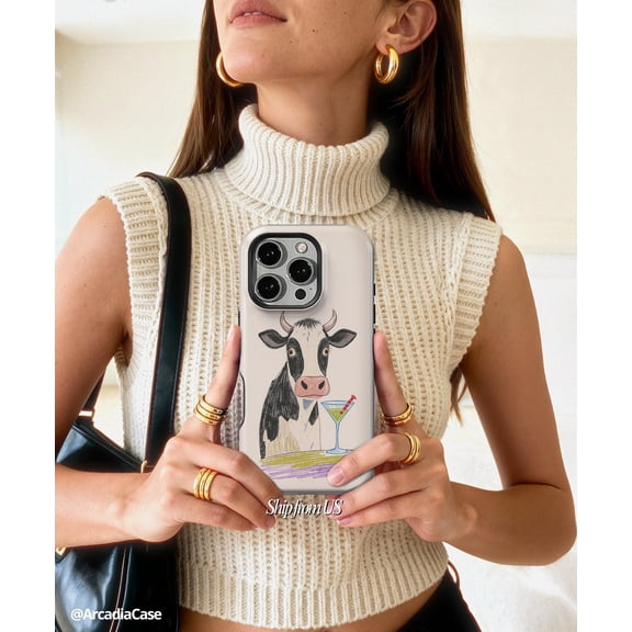 Funny Cow Cocktail Phone Case For iPhone Samsung Slim Hard Cover Quirky Farm Animal Drink Illustration