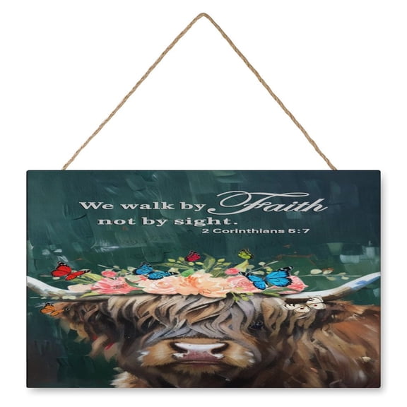Funny Cow Decor We Walk by Faith Not by Sight Wall Art Wooden Sign Vintage Pictures for Bedroom Bathroom Kitchen Wall Decorations Bar Interior Decor 10"x16" Wooden Hanging Signs