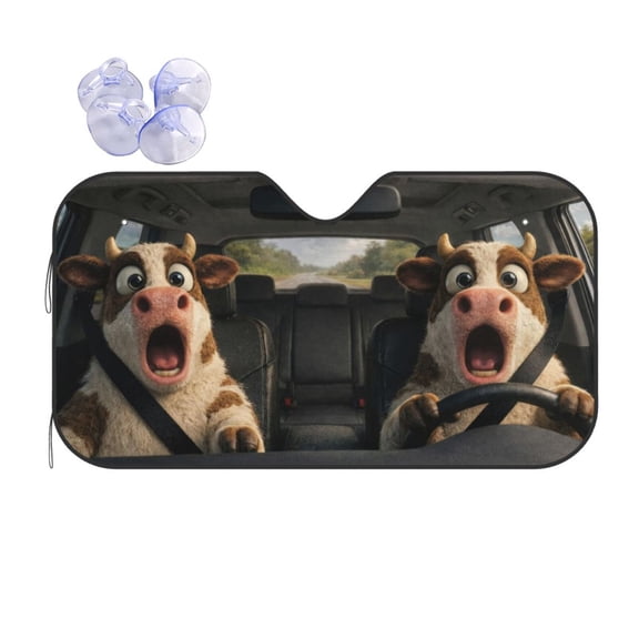 Funny Cow Driver Windshield Sun Shade - Adorable Shocked Cows Holding Steering Wheel, Summer Road Trip Theme Car Front Window Protector, Reflective UV Ray Blocker Universal Fit Auto Vehicle