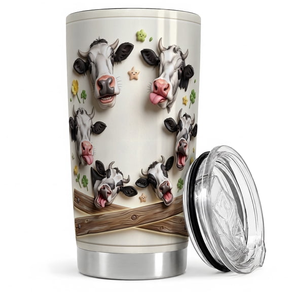 Funny Cow Faces 20oz Tumbler, Cow Tumbler for barn drinks, playful black white cattle heads with silly tongues, clovers, stars, country farm animal cup for ranch women and men