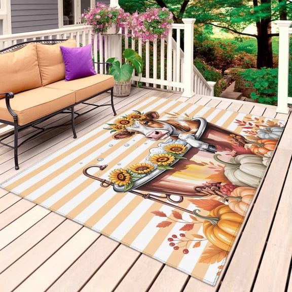 Funny Cow Fall Outdoor Rug 6x9 Ft, Non Slip Washable Area Rug, Thanksgiving Pumpkin Bathtub Orange Striped Patio Rugs Carpet Runner, Large Floor Mat for Indoor/Outdoor Deck Porch Camping
