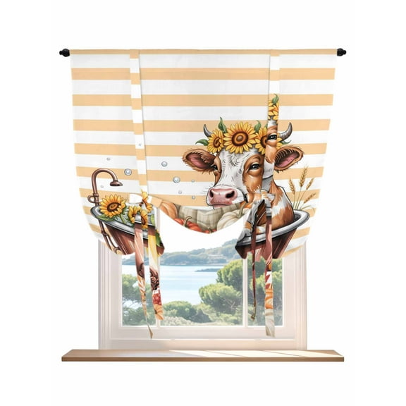 Funny Cow Fall Tie Up Curtains for Windows 45 Inch Length Balloon Curtains Kitchen Adjustable Balloon Window Shade Thanksgiving Pumpkin Bathtub Orange Striped Tie Up Bathroom Curtain Window 34"x45"