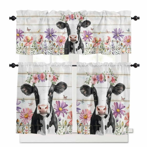 Funny Cow Kitchen Curtains and Valances Set, Rustic Farmhouse Animal Flowers White Wood Grain Rod Pocket Window Valance Window Curtain Panels for Living Room Bedroom Laundry, 27.5x24in, 3 Pieces