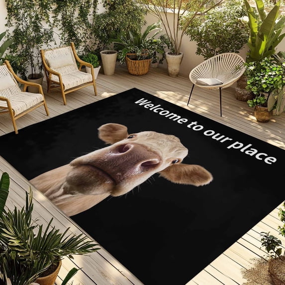 Funny Cow Outdoor Rug for Patio/Deck/Porch, Non-Slip Large Area Rug 3 x 5 Ft, Welcome To OUR Place Modern Retro Indoor Outdoor Rugs Washable Area Rugs, Reversible Camping Rug Carpet Runner