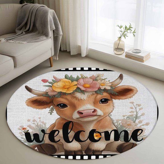 Funny Cow Round Area Rug 3Ft Washable Small Circle Rugs for Kitchen Entryway, Cute Animal Flowers Wreath Welcome Text Black Gray Non-Slip Carpet Floor Mats Indoor Outdoor Carpet Runner Home Decor
