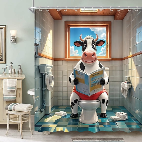 Funny Cow Shower Curtain, Cute Highland Cow Sitting on a Toilet Reading Books Fun Shower Curtains Set, Humorous Cartoon Rustic Farm Animal Theme Shower Curtain Bathroom Decor with 12 Hooks