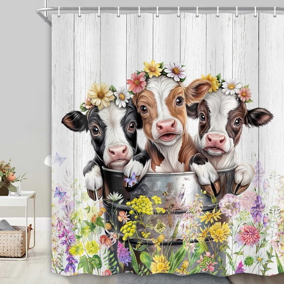 Funny Cow Shower Curtain, Farmhouse Rustic Floral Highland Cow Shower Curtains Western Cute Calf Print & Flower Plant Plank Cattle Bull Farm Animal Waterproof Bathroom Curtain 71X71 in