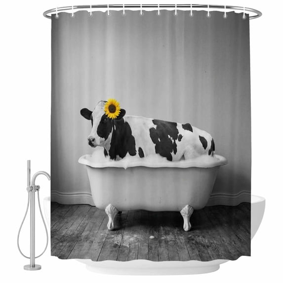 Funny Cow Shower Curtain, Waterproof Shower Curtains for Bathroom, Cute Art Vintage Lovely Animals on Bathtub Washable Fabric Bathtub Curtain Set Bath Decor with 12 Hooks Long 72"x84"
