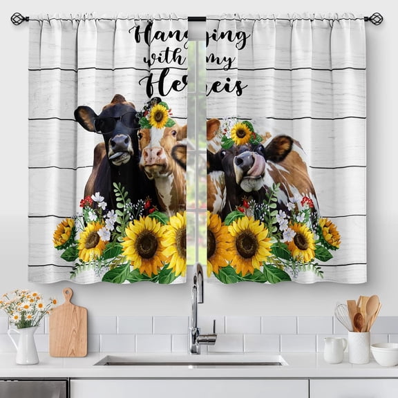 Funny Cow Sunflower Kitchen Curtains Rustic White Wood Plank Window Drapes For Farmhouse Kitchen Bedroom Home Decor