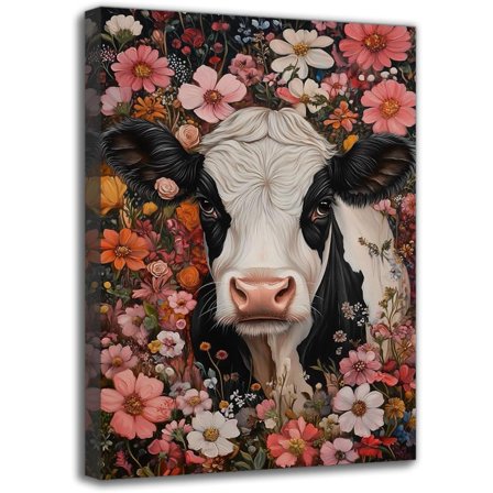 Funny Cow Surrounded by Flowers Canvas Wall Art Print - Creative Framed Animals Painting for Farmhouse, Wall Decor For Living Room Bedroom Office Ideal Gifts For Friends Artwork (8W X 12L)