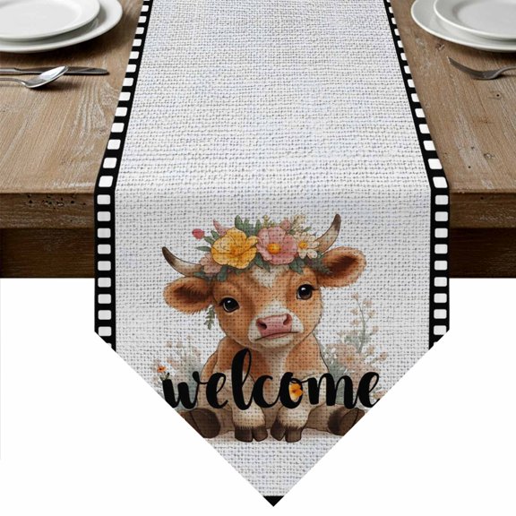Funny Cow Table Runner Linen Burlap Table Runner 36 Inches Small Cute Animal Flowers Wreath Welcome Text Black Gray Dresser Scarves for Kitchen Island Coffee Dining Room Party Holiday Decor 13"x36"