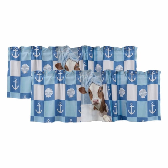 Funny Cow Valances for Windows, Decorative Rod Pocket Window Valance Curtains, Cute Art Modern Lovely Animals on Showering Blue Short Curtain Drapes for Kitchen/Living Room, 2 Panels, 42" W x 12" L
