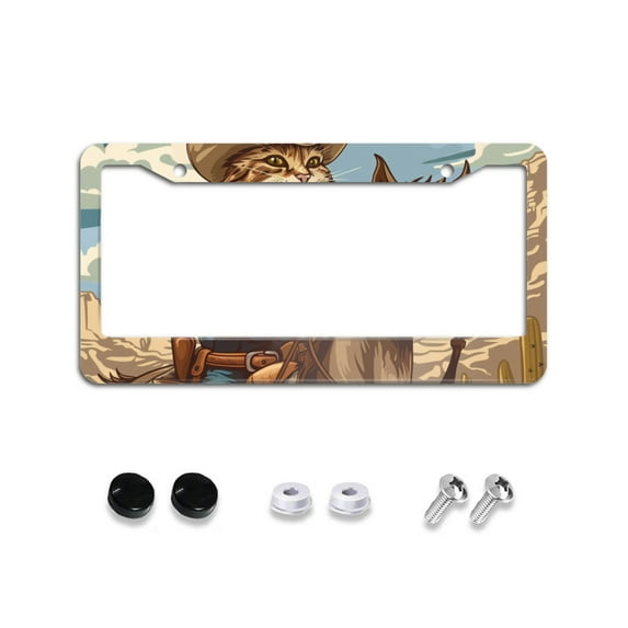 Funny Cowboy Cat License Plate Frames for Women Men Car Plate Holder Cover Metal Tag Aluminum Car Accessories Front Rear Plate Decor