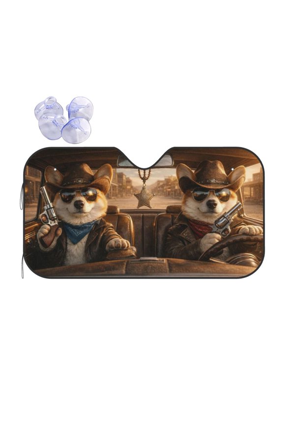 Funny Cowboy Corgi Dog Car Windshield Sun Shade Western Outlaw Pups Reflective Front Window Cover Blocks UV Rays & Sun Heat, Foldable Easy Storage Fits SUV Truck