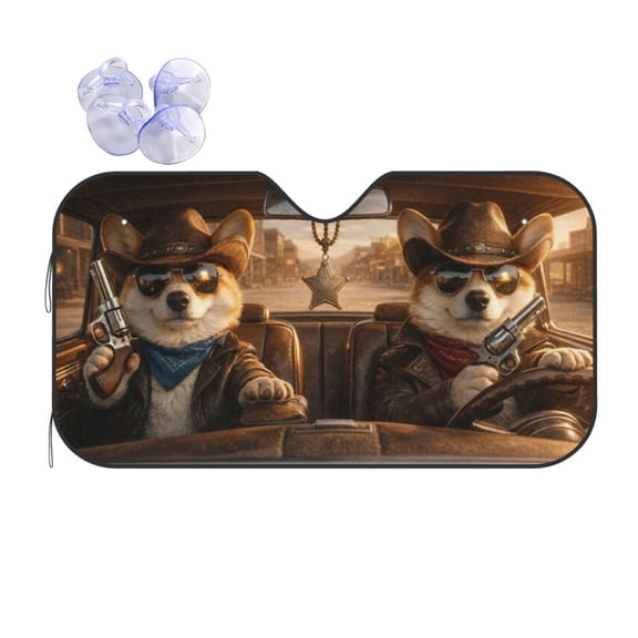 Funny Cowboy Corgi Windshield Sun Shade - Western Wild West Dogs in Sunglasses Leather Jackets, Front Window Sunshade UV Heat Blocker Foldable Reflective Auto Visor SUV Truck