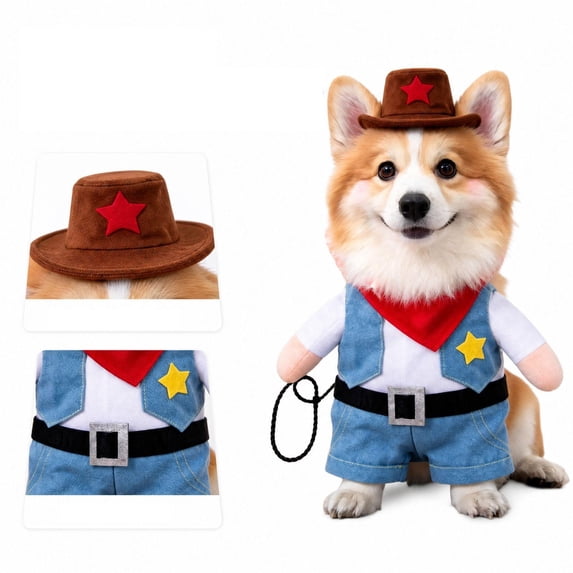 Funny Cowboy Dog Costume, Standing Pet Outfit with Hat and Denim Vest, Western Party Cosplay Apparel, for Small Medium Dogs Puppies Cats Photo Prop Dress Up