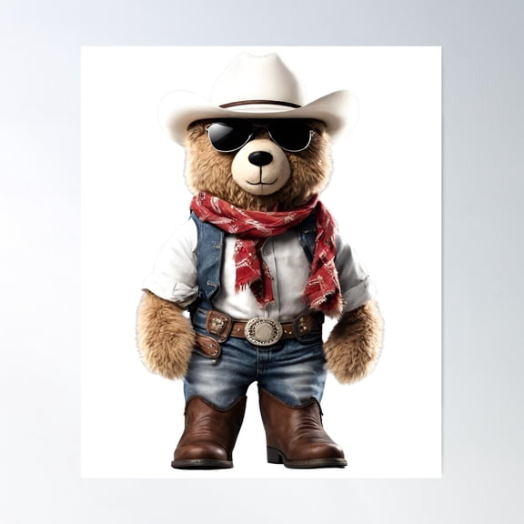 Funny Cowboy Teddy Bear Â€“ Adorable Plush Teddy In Western Style Poster Wall Art, Modern Wall Decor For Living Room Bedroom, 24x36 UNFRAMED