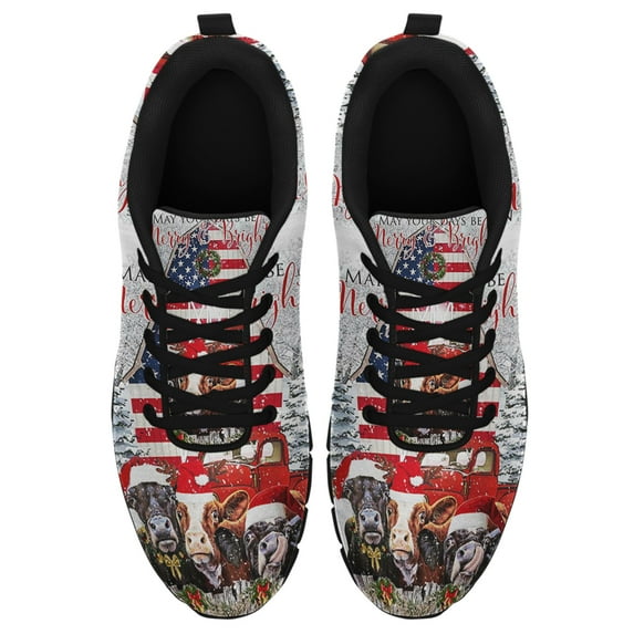 Funny Cows At Christmas Be Merry And Bright Running Shoes Sneakers Mesh Black Size 7.5