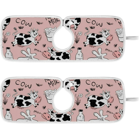 Funny Cows and Milk on Pink 2PCS Faucet Absorbent Mat Kitchen Faucet Sink Splash Guard Microfiber Cloth Faucet Splash Catcher Water Absorbent Mat Behind Faucet, Faucet Mat for Kitchen Sink 30x5in