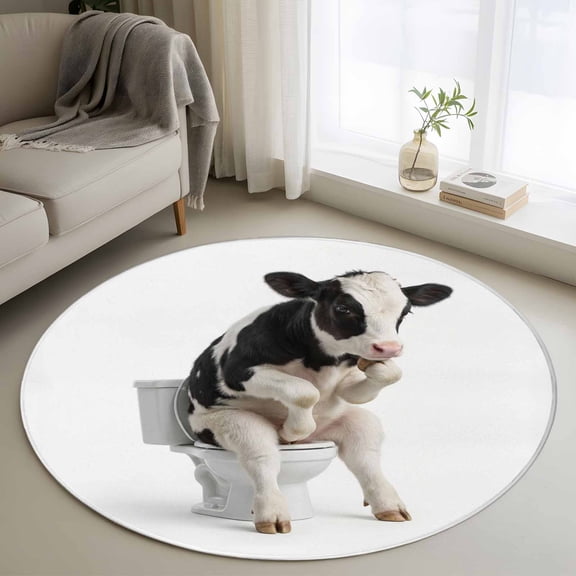 Funny Cows Round Area Rug 4Ft Washable Circle Rugs for Bedroom Dining Room, Cute Art Fun Lovely Animals on Toilets Non-Slip Carpet Floor Mats Indoor Outdoor Carpet Runner Aesthetic Home Decor