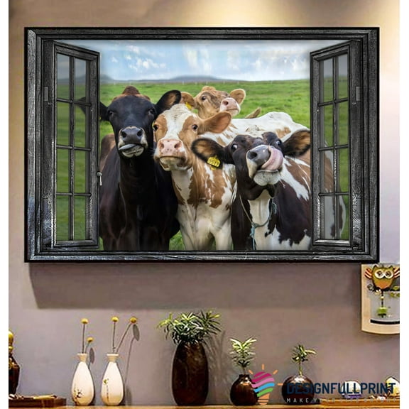 Funny Cows Window Gift for Famer Cow Lover Canvas or Poster Home Decoration
