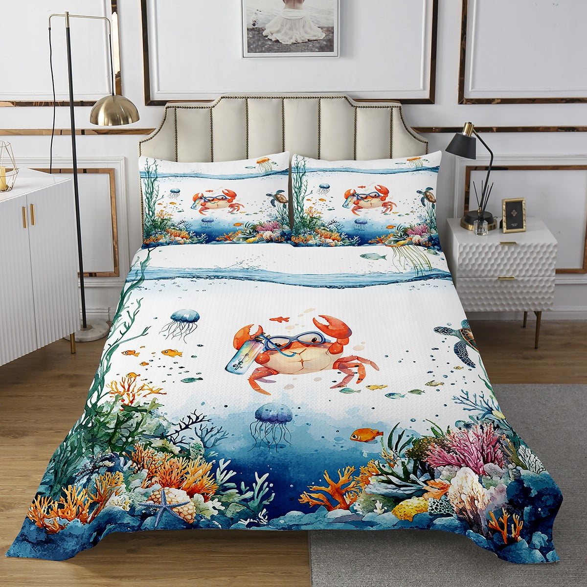 Crab Cartoon Pattern Print Bed Set Quilt