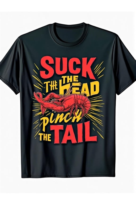 Funny Crawfish Boil Graphic T-Shirt | Retro 'Suck the Head Pinch the Tail' Cajun Seafood Lover Tee | Unique Southern Foodie Party Apparel for Men & Women