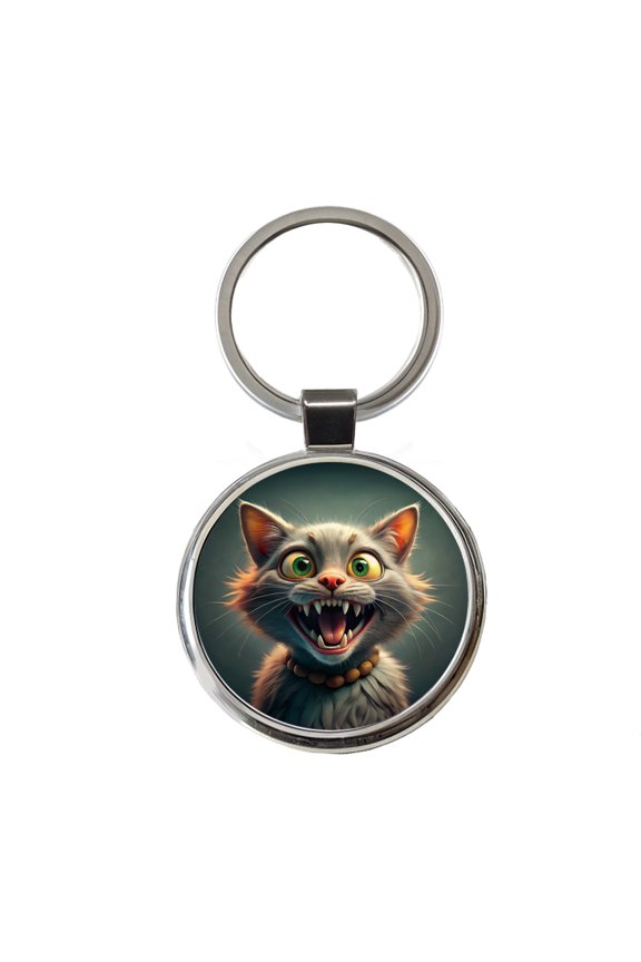 Funny Crazy Cat Metal Round Keychain