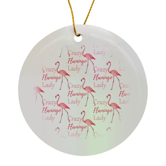 3drose, Funny Crazy Flamingo Lady Beach Pattern for Pink Flamingo Lovers., Circle Porcelain Ornament