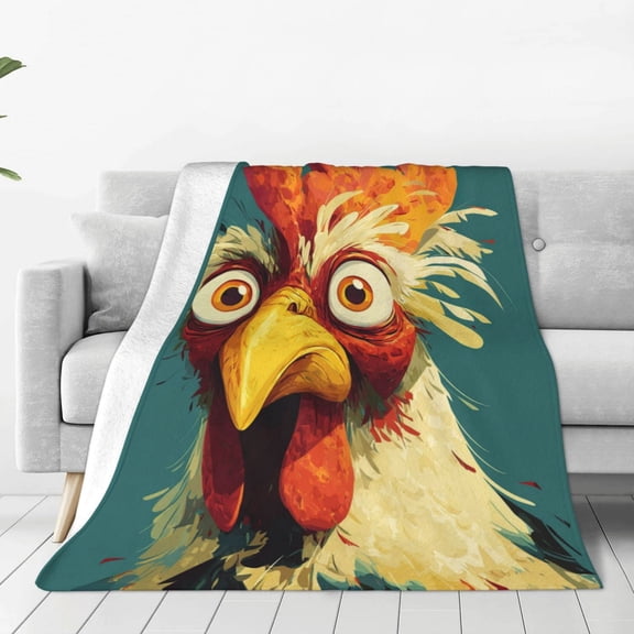 Funny Crazy Rooster Throw Blanket with Hilarious Chicken Face Art, Soft Flannel Fleece for Home & Novelty Gift 50x40