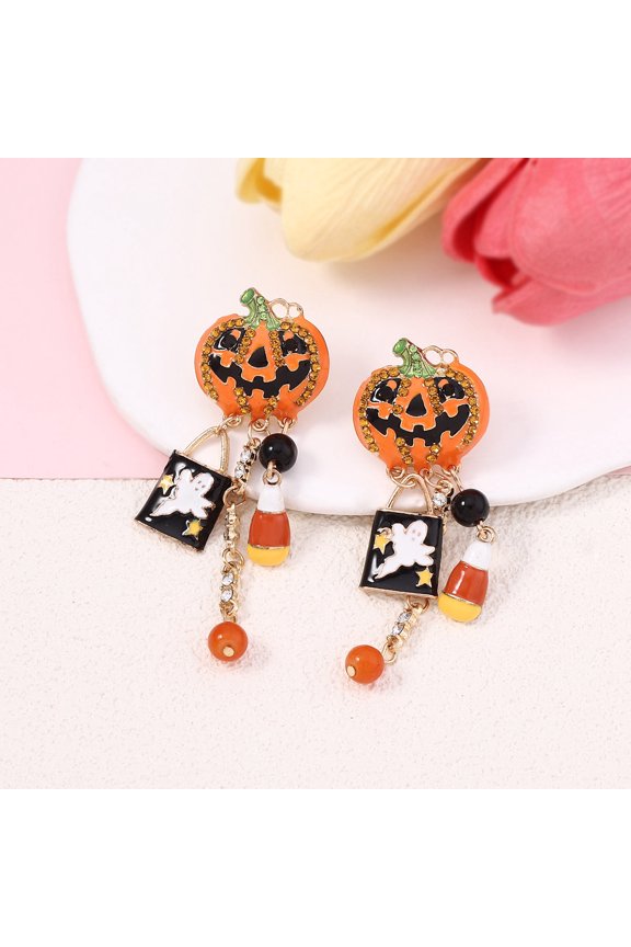 Funny Creative Rhinestone Enamel Pumpkin Skull Tassel Dangle Earrings Cute Ear Jewelry Halloween Party Gift for Women