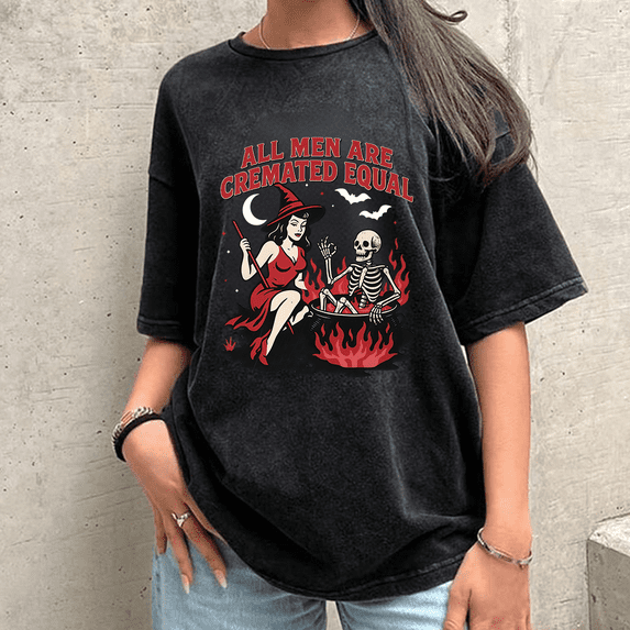 Funny Cremated Men Print Tshirts for Womens Feminist Witch Graphic Tees Retro Halloween Spooky Casual Acid Washed Tops Short Sleeve Shirts Black,2XL