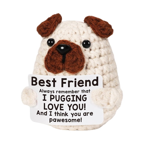 Funny Crochet Pug Plush Doll Handmade Positive Energy Puppy Stuffed Animal Toy with Encouragement Card Mini Cuddly Stuffed Companion for Birthday Gifts Friends Buddies